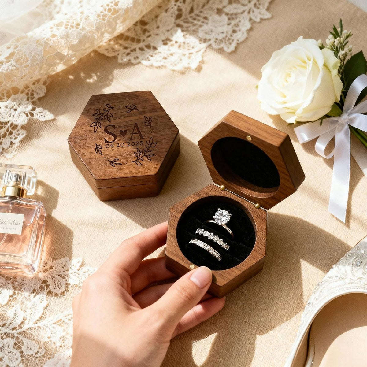 Walnut Hexagon Ring Box