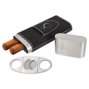 Black/Silver Leatherette Cigar Case with Cutter