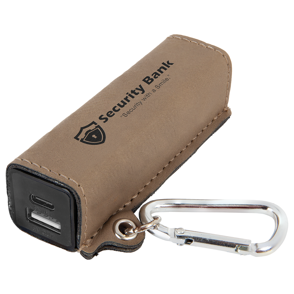 Light Brown Leatherette 2200mAh Power Bank with USB-C Charging Cord & Carabiner