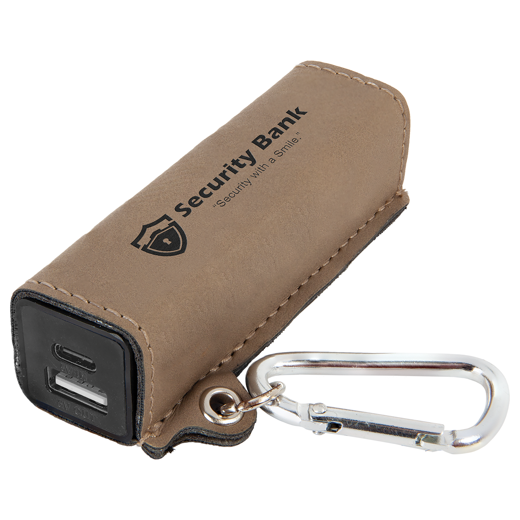 Light Brown Leatherette 2200mAh Power Bank with USB-C Charging Cord & Carabiner
