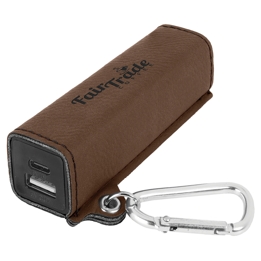 Dark Brown Leatherette 2200mAh Power Bank with USB-C Charging Cord and Carabiner