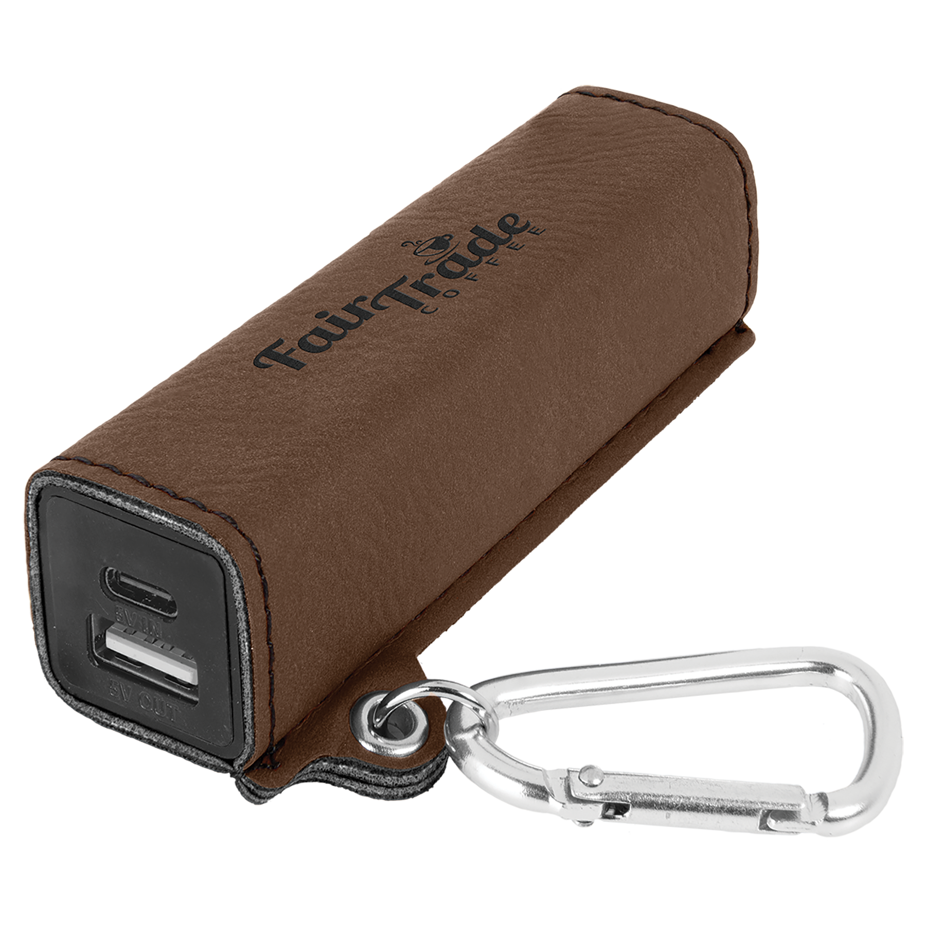 Dark Brown Leatherette 2200mAh Power Bank with USB-C Charging Cord and Carabiner