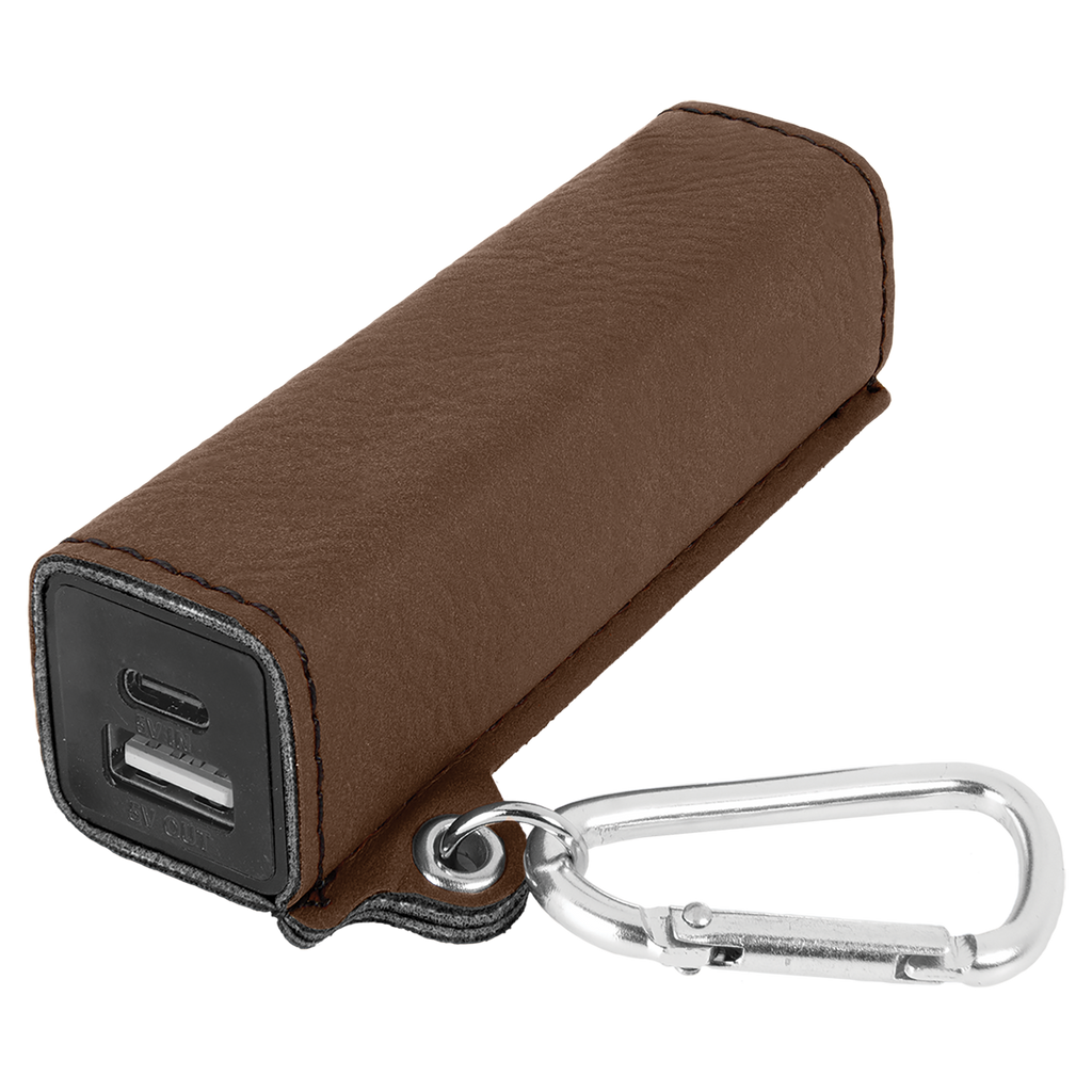 Dark Brown Leatherette 2200mAh Power Bank with USB-C Charging Cord and Carabiner blank-preview