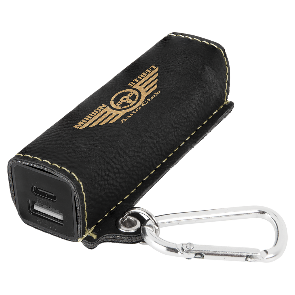 Black/Gold Leatherette 2200mAh Power Bank with USB-C Charging Cord and Carabiner