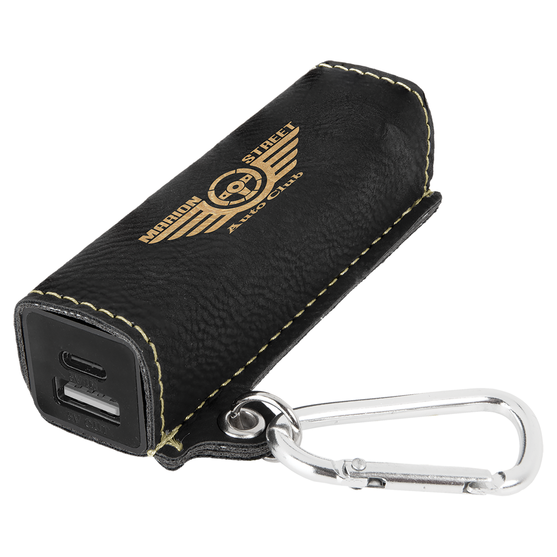 Black/Gold Leatherette 2200mAh Power Bank with USB-C Charging Cord and Carabiner