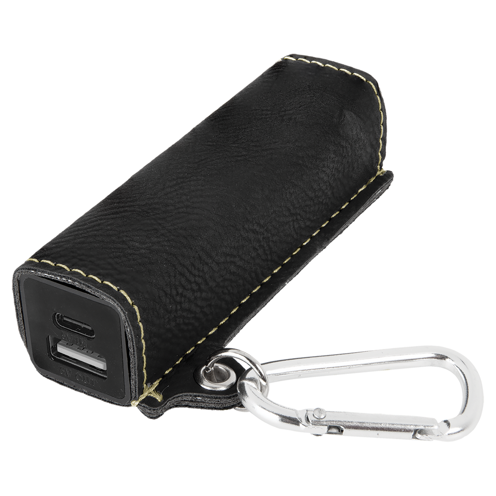 Black/Gold Leatherette 2200mAh Power Bank with USB-C Charging Cord and Carabiner blank-preview