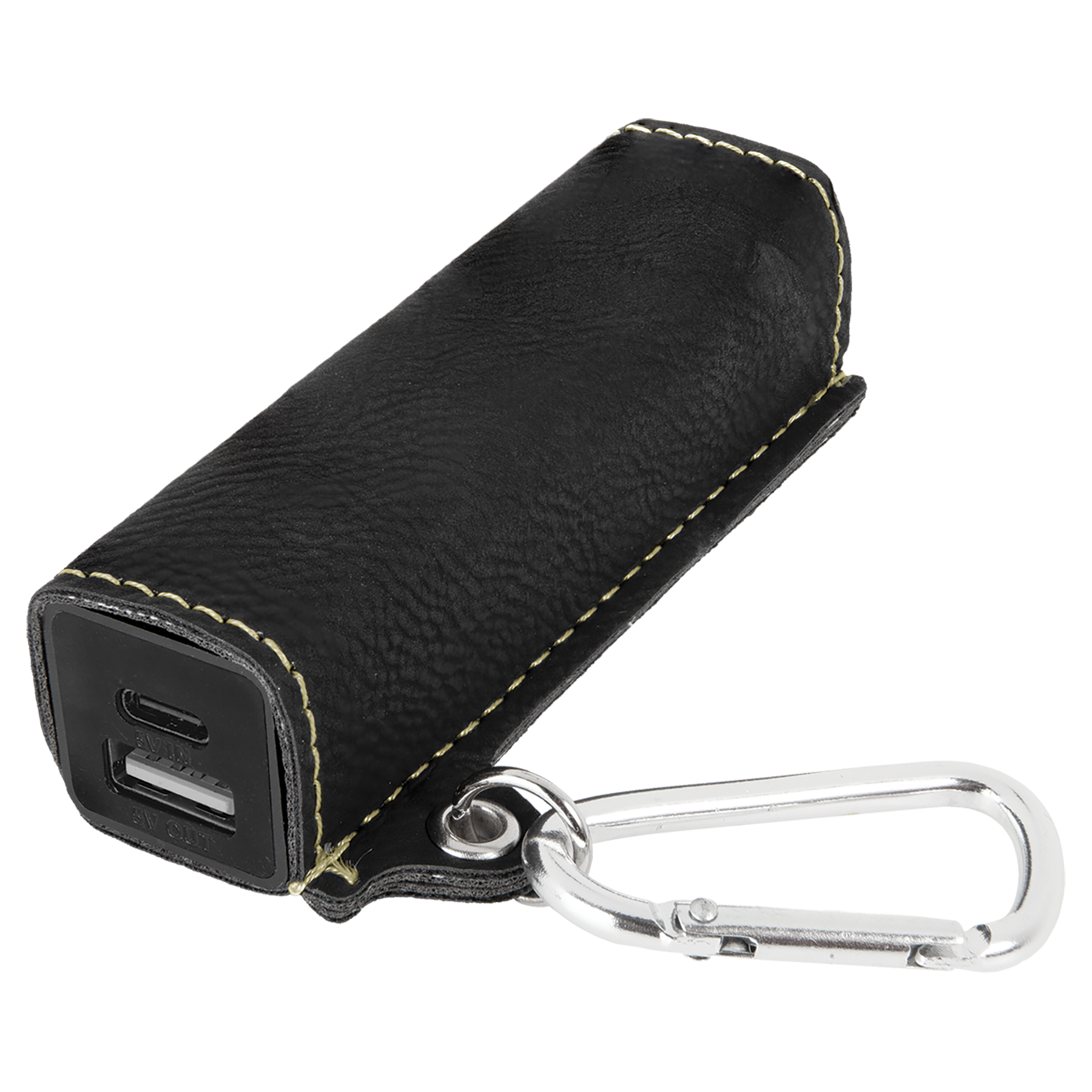 Black/Gold Leatherette 2200mAh Power Bank with USB-C Charging Cord and Carabiner blank-preview