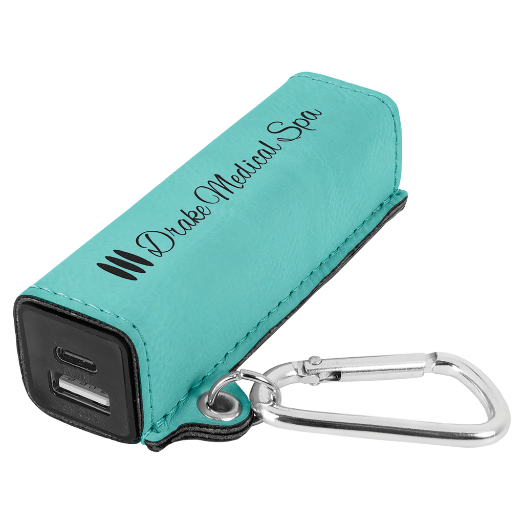 Teal Leatherette 2200mAh Power Bank with USB-C Charging Cord and Carabiner