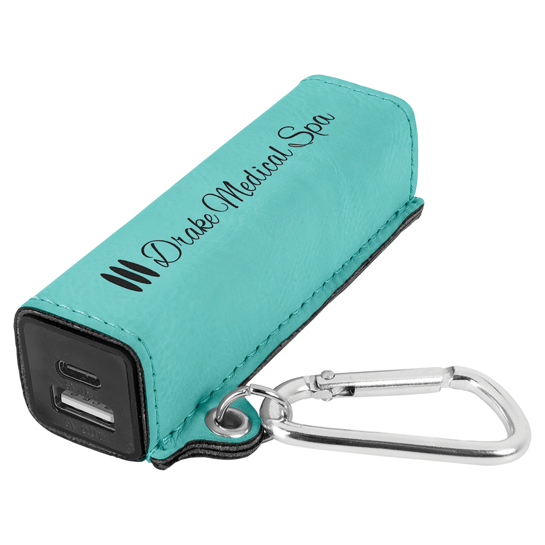 Teal Leatherette 2200mAh Power Bank with USB-C Charging Cord and Carabiner