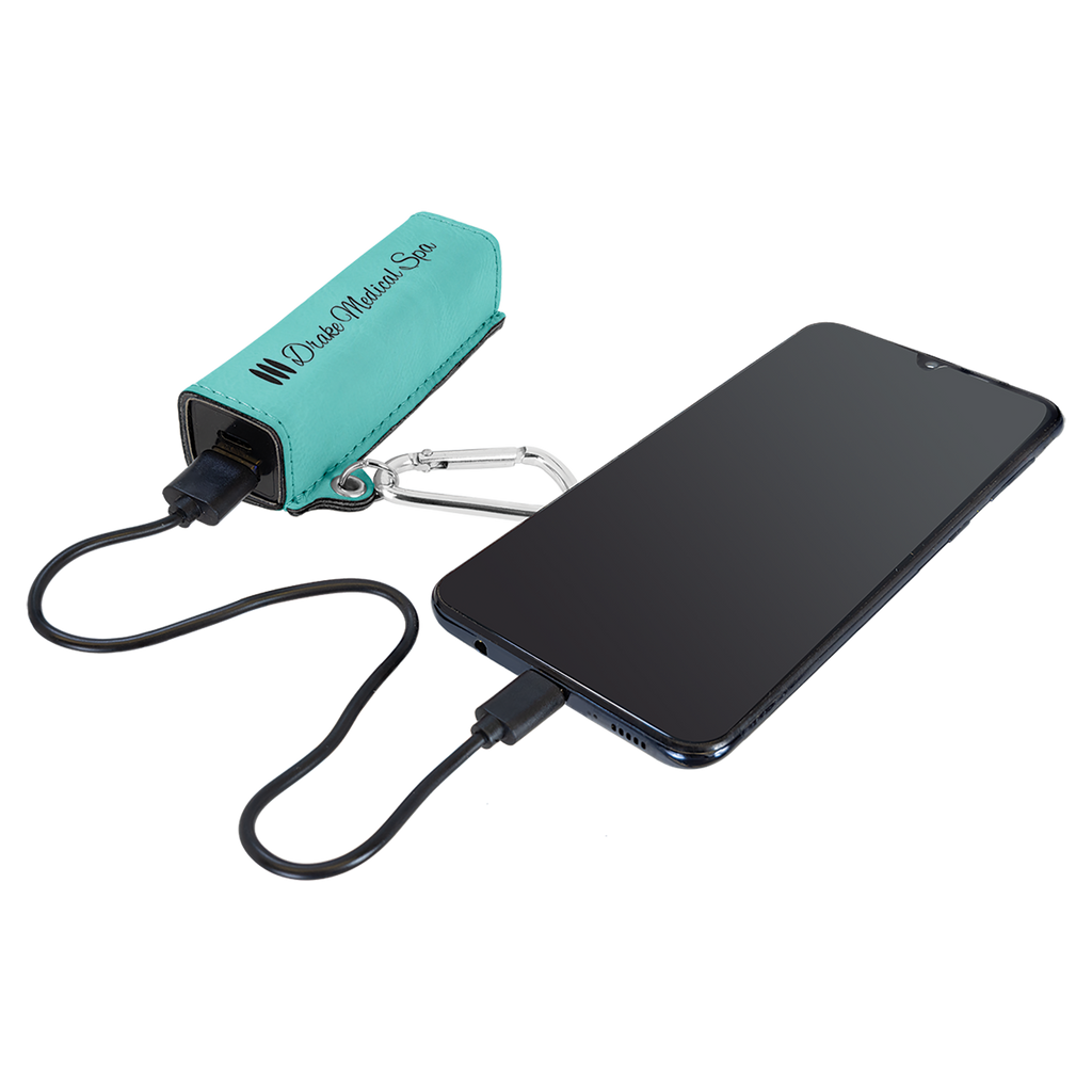 Teal Leatherette 2200mAh Power Bank with USB-C Charging Cord and Carabiner