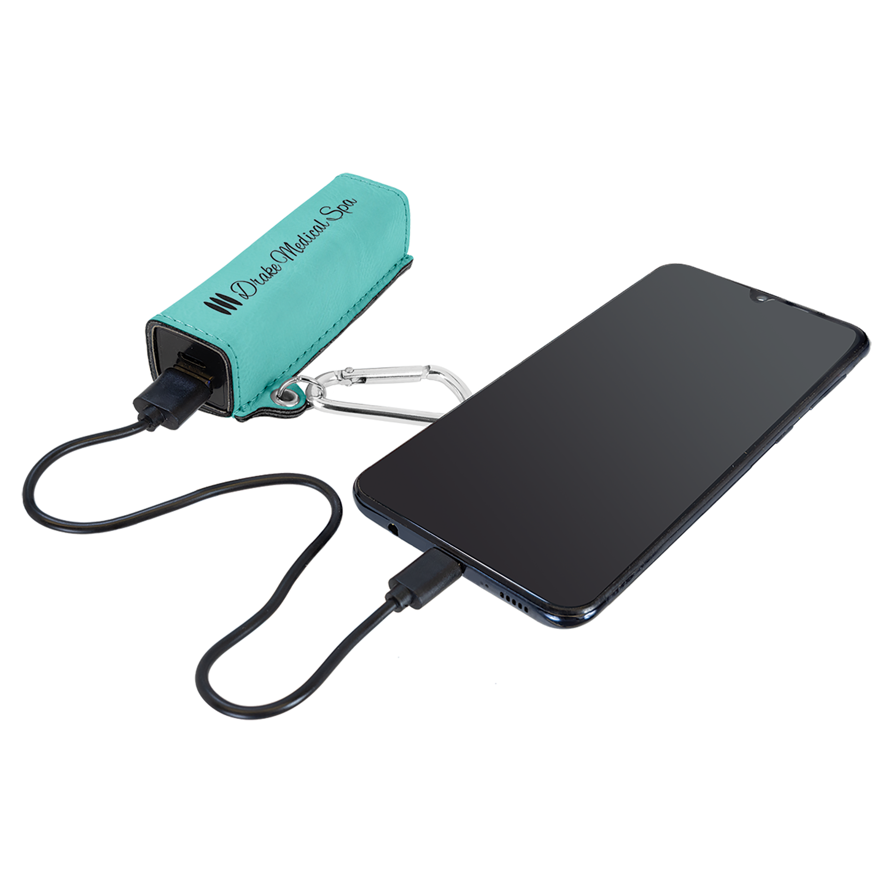 Teal Leatherette 2200mAh Power Bank with USB-C Charging Cord and Carabiner