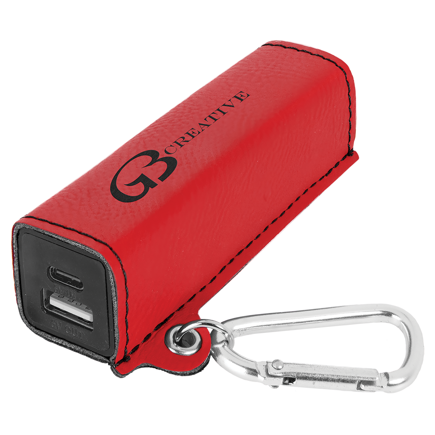 Red Leatherette 2200mAh Power Bank with USB-C Charging Cord and Carabiner