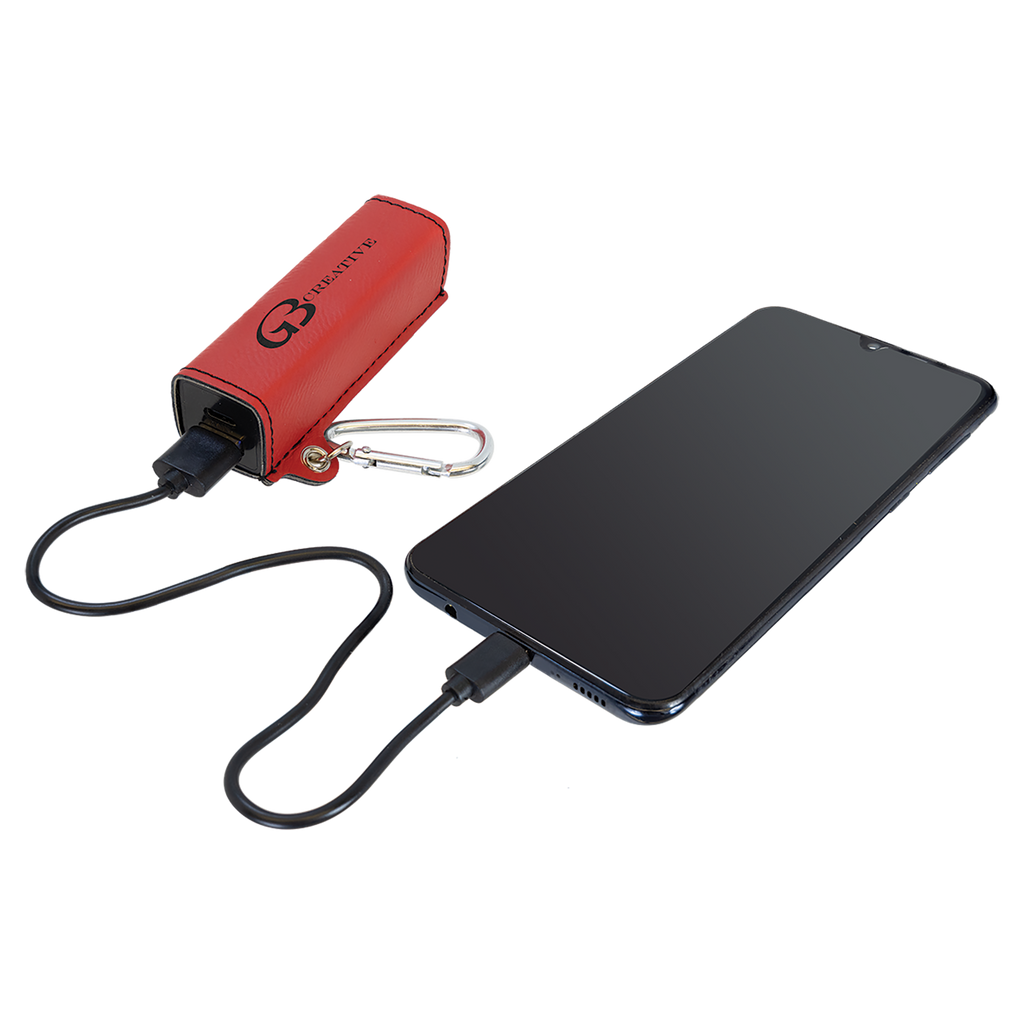 Red Leatherette 2200mAh Power Bank with USB-C Charging Cord and Carabiner