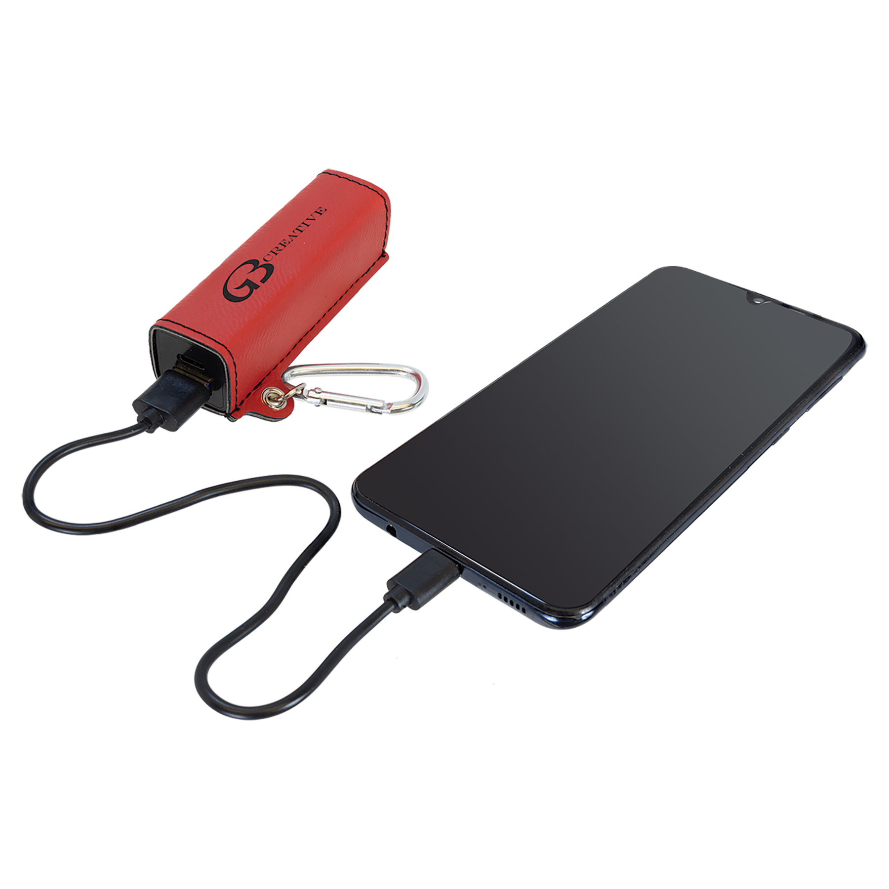 Red Leatherette 2200mAh Power Bank with USB-C Charging Cord and Carabiner