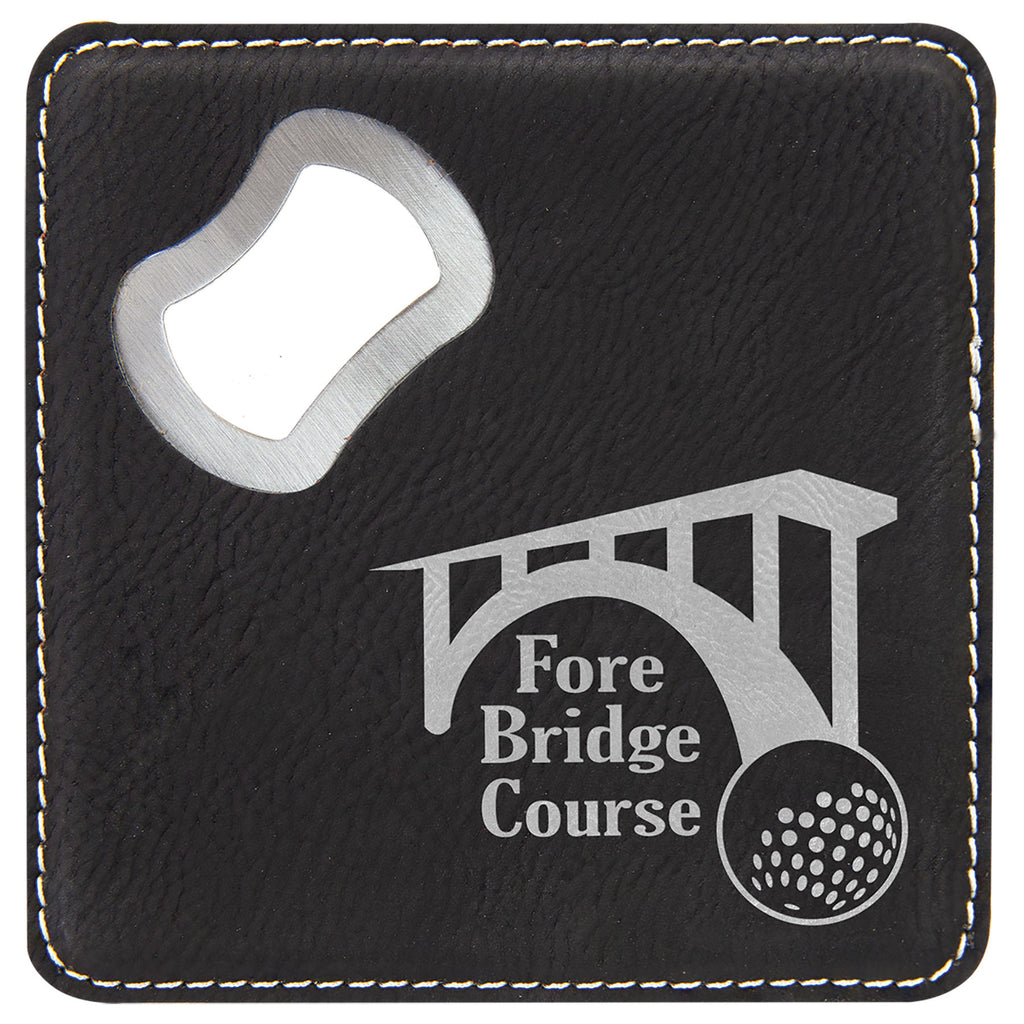 Black/Silver Leatherette Coaster with Bottle Opener