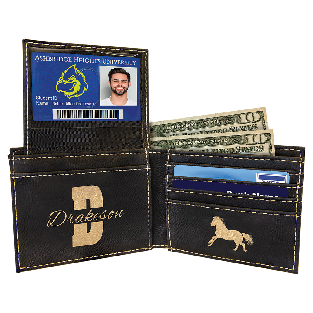Black/Gold Leatherette Bifold Wallet with Flip ID