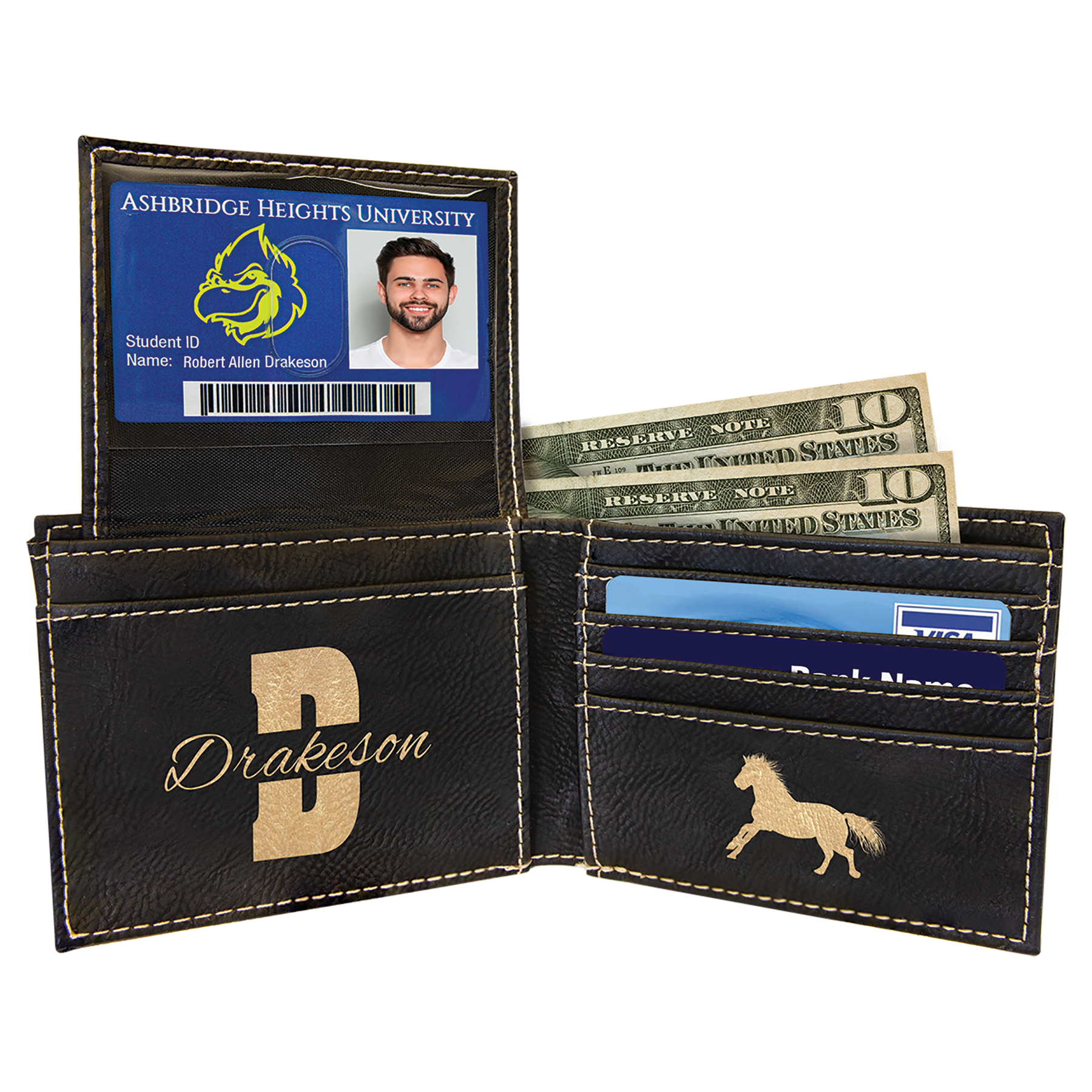 Black/Gold Leatherette Bifold Wallet with Flip ID