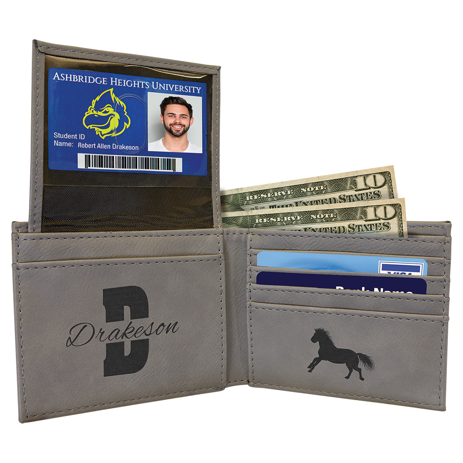 Gray Leatherette Bifold Wallet with Flip ID