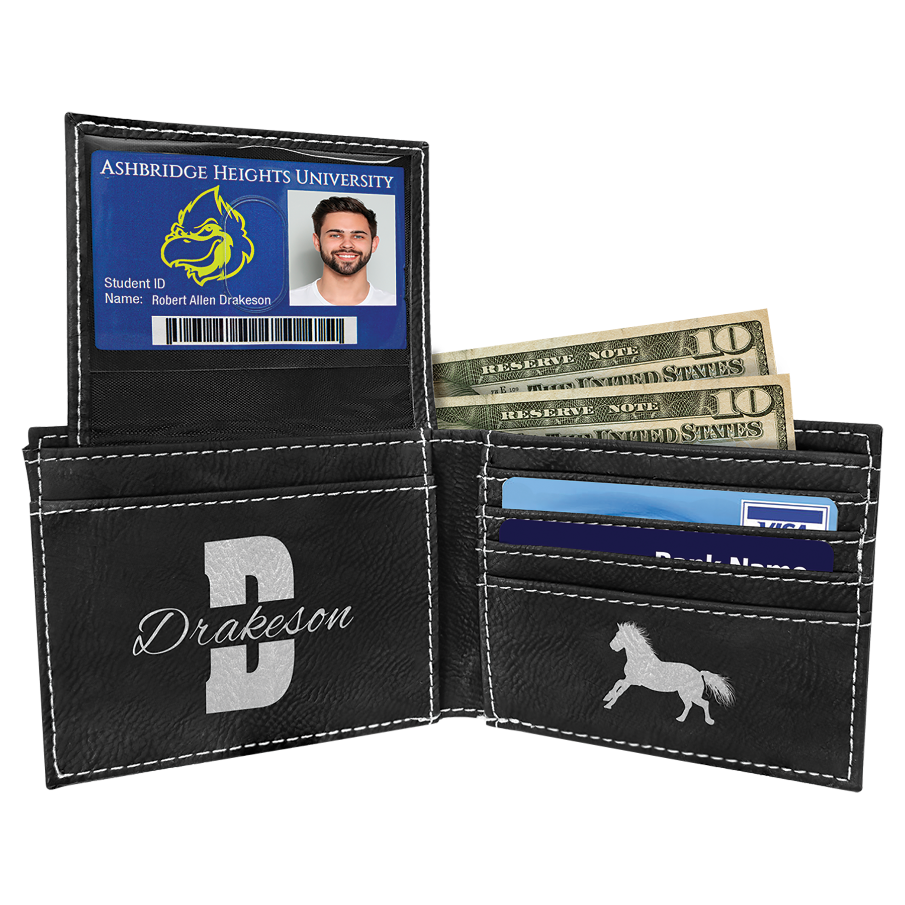 Black/Silver Leatherette Bifold Wallet with Flip ID