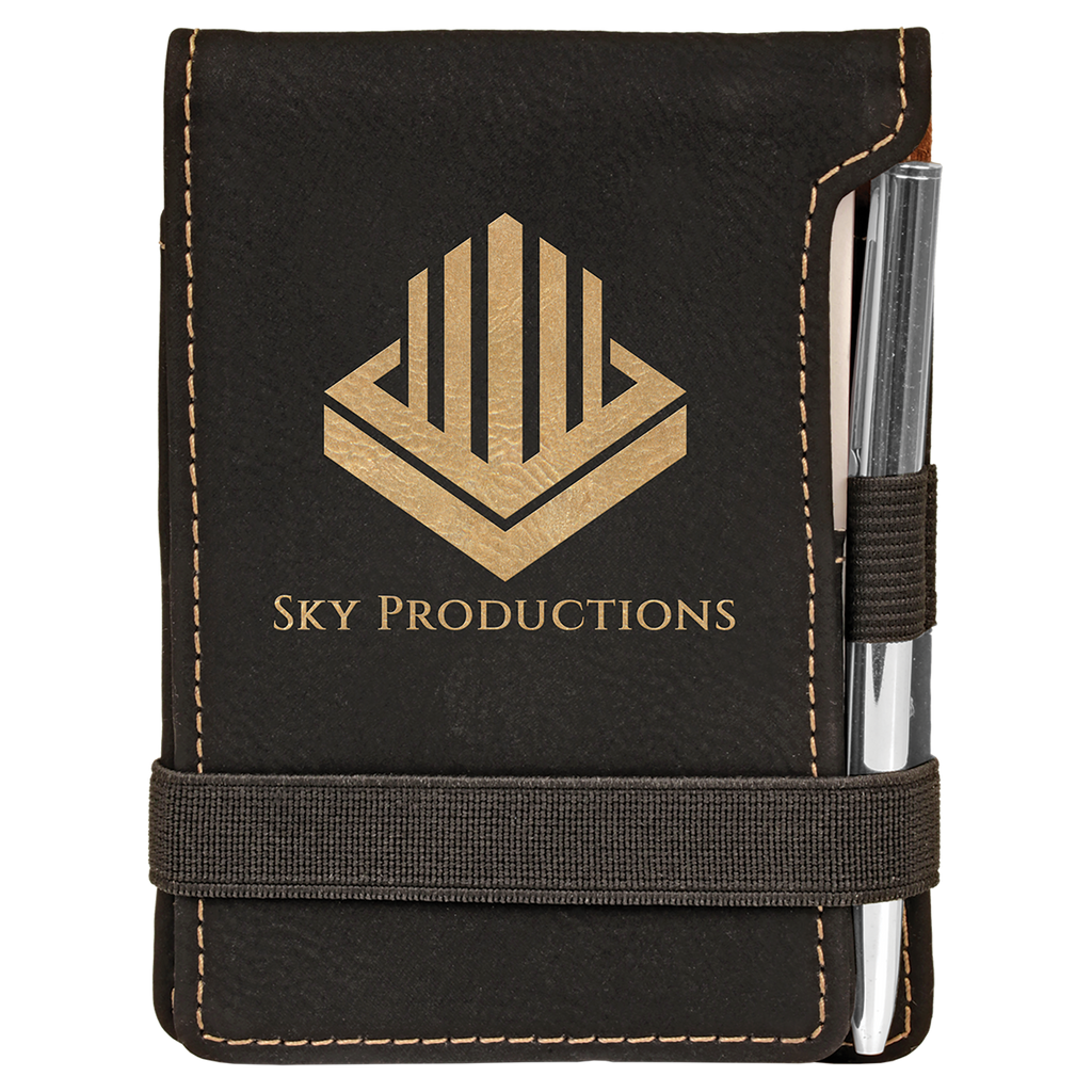 Black/Gold Leatherette Mini Notepad with Pen