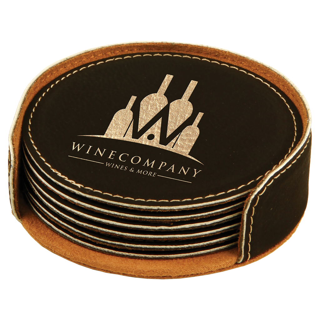 Black/Gold Round Leatherette 6-Coaster Set