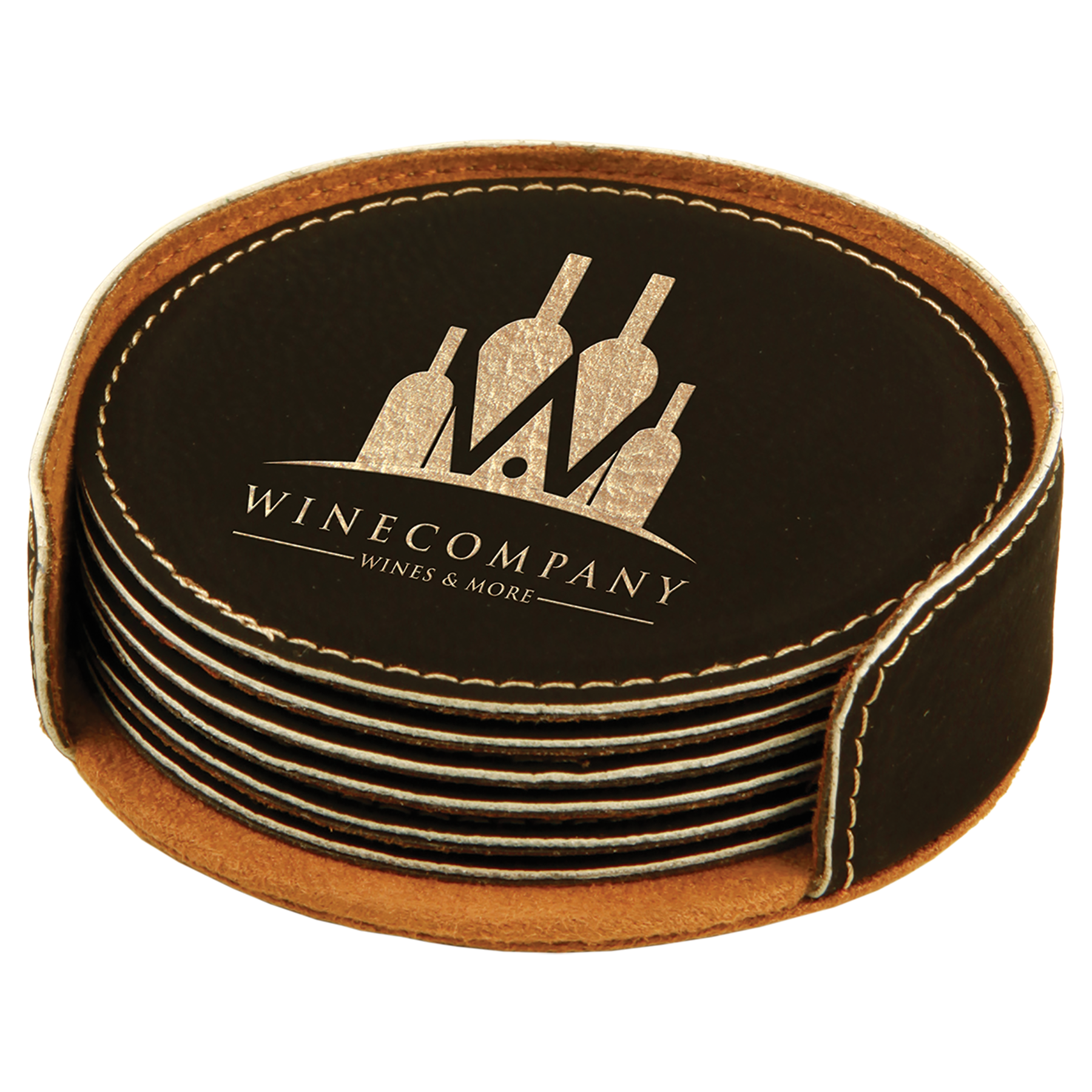 Black/Gold Round Leatherette 6-Coaster Set