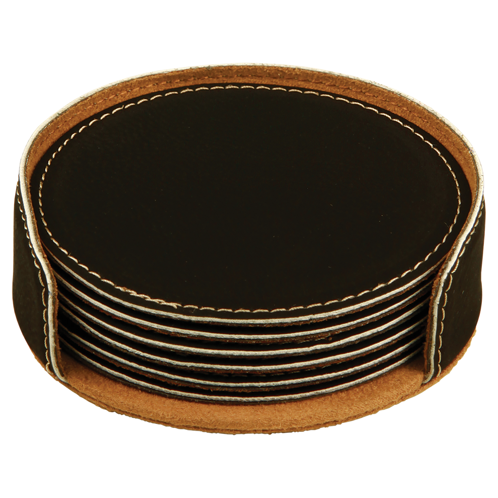 Black/Gold Round Leatherette 6-Coaster Set