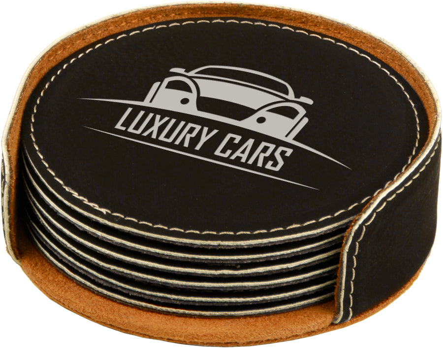 Black/Silver Round Leatherette 6-Coaster Set