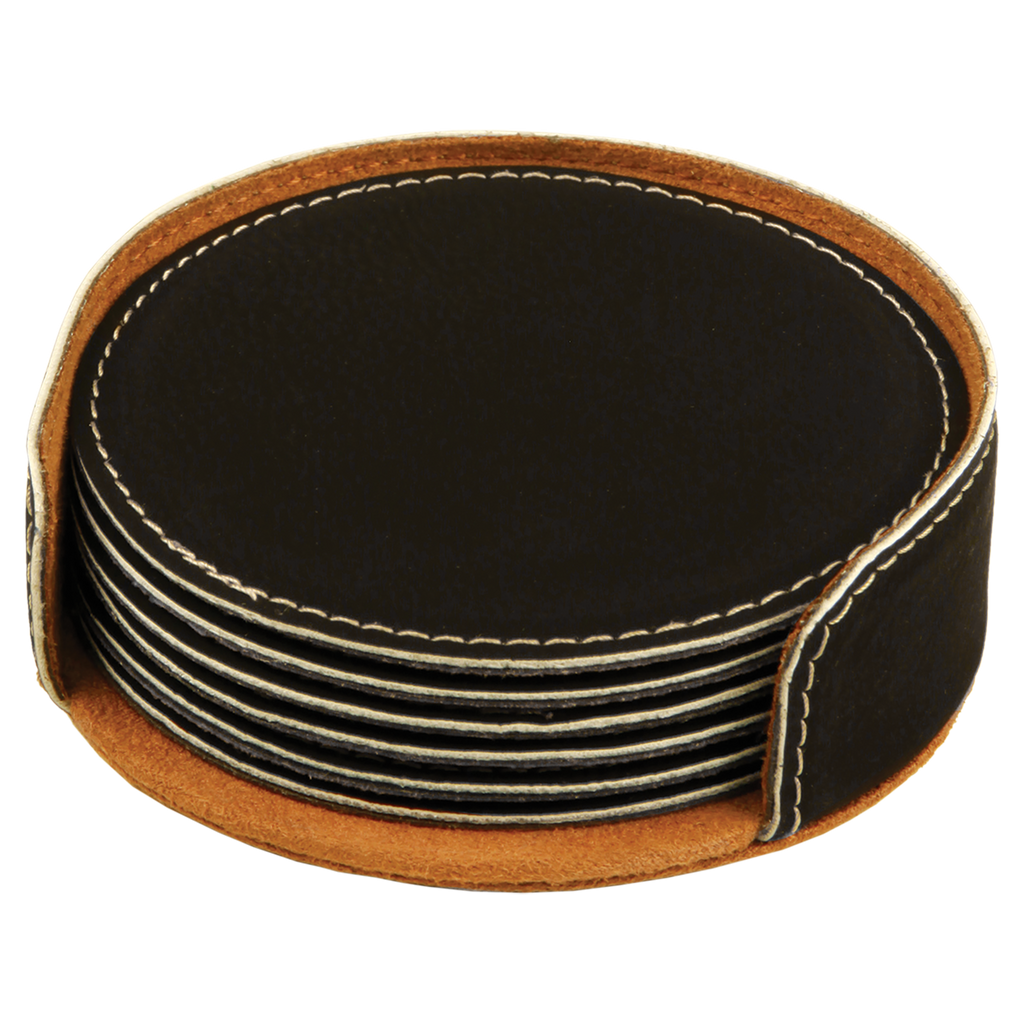 Black/Silver Round Leatherette 6-Coaster Set blank-preview