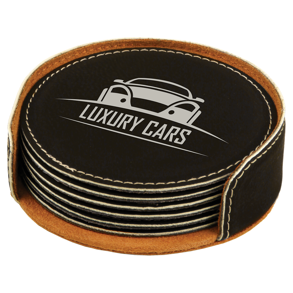Black/Silver Round Leatherette 6-Coaster Set