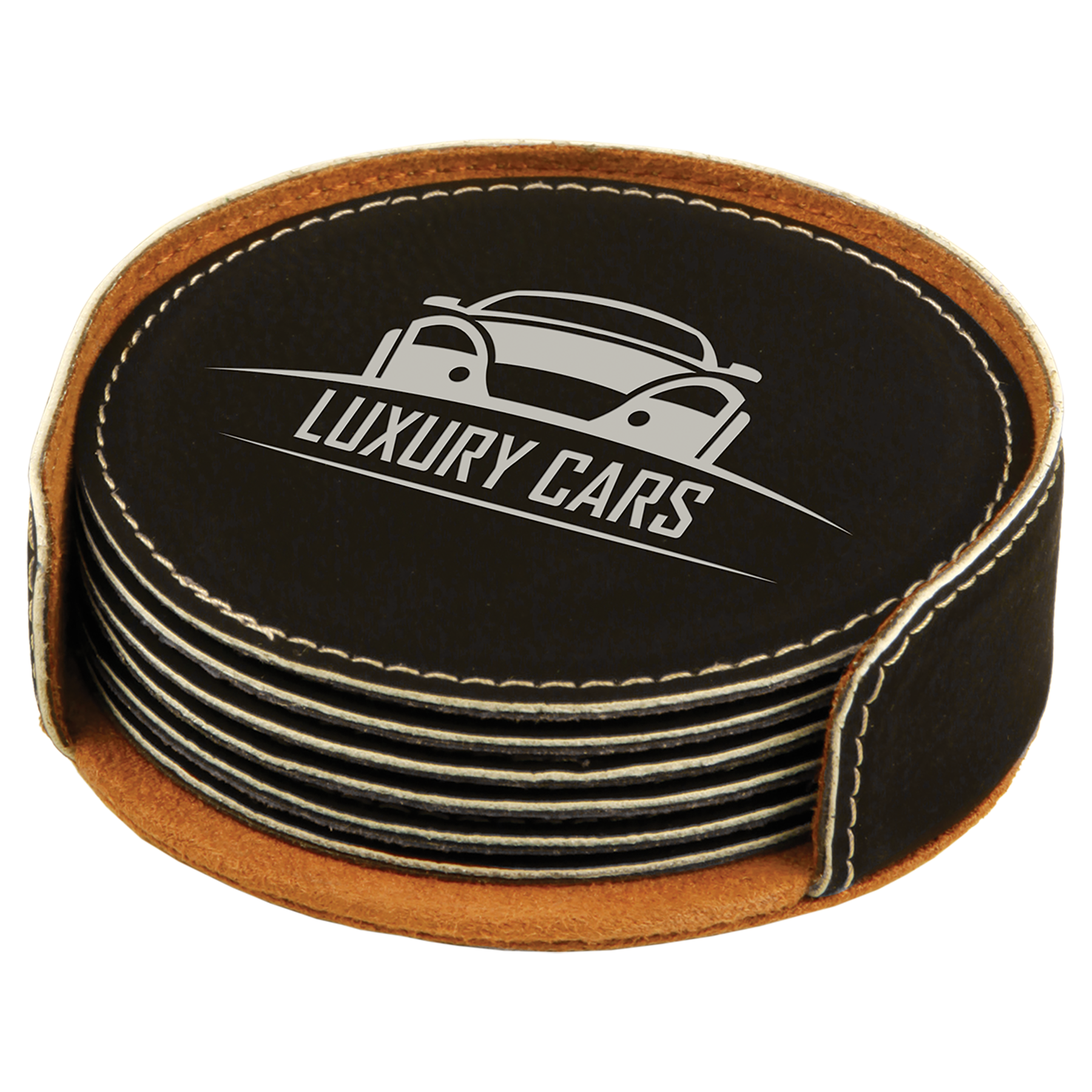 Black/Silver Round Leatherette 6-Coaster Set