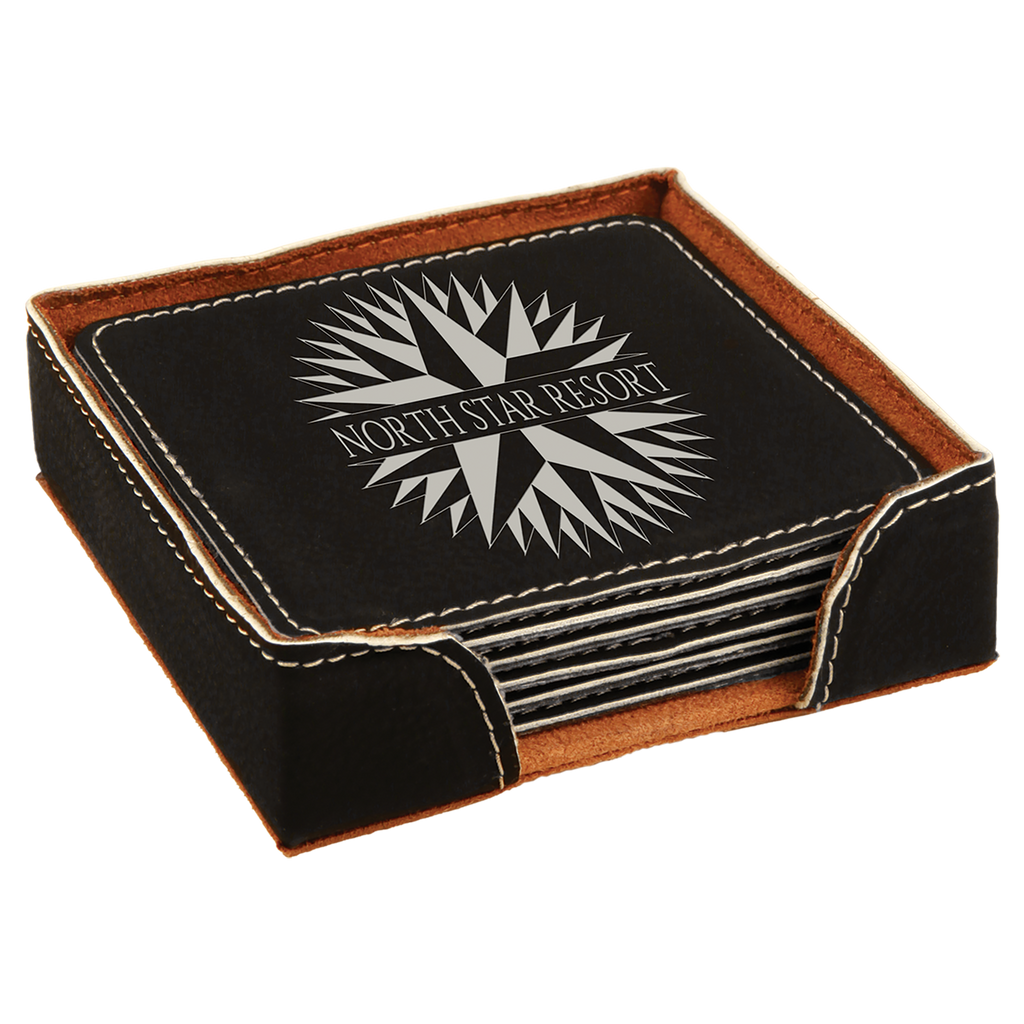 Black/Silver Square Leatherette 6-Coaster Set