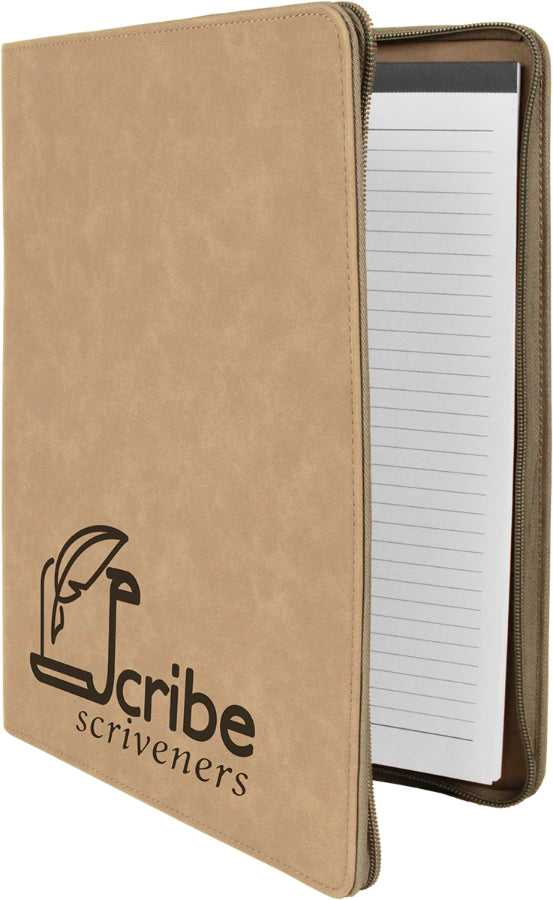 Light Brown Leatherette Portfolio with Zipper and Notepad