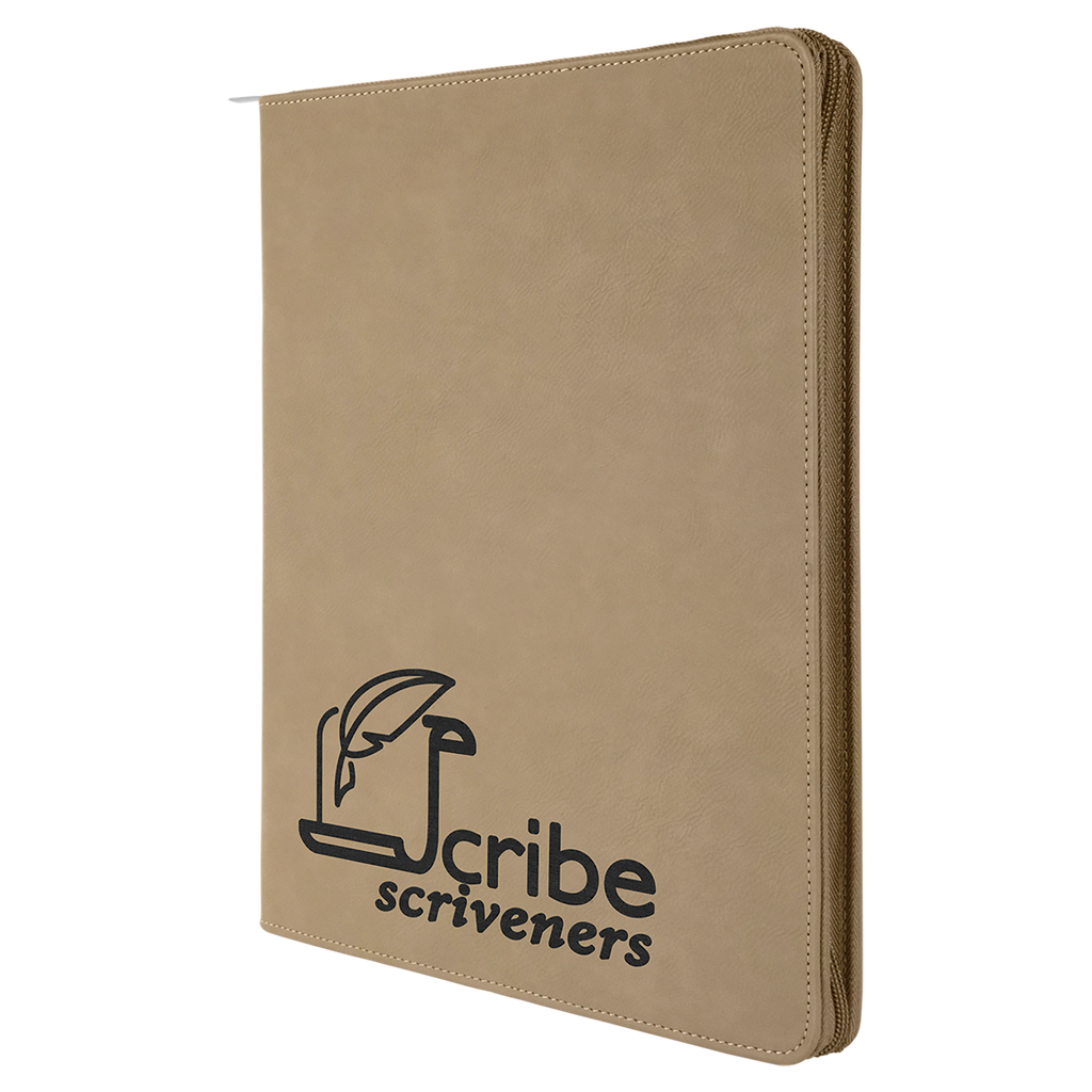 Light Brown Leatherette Portfolio with Zipper and Notepad
