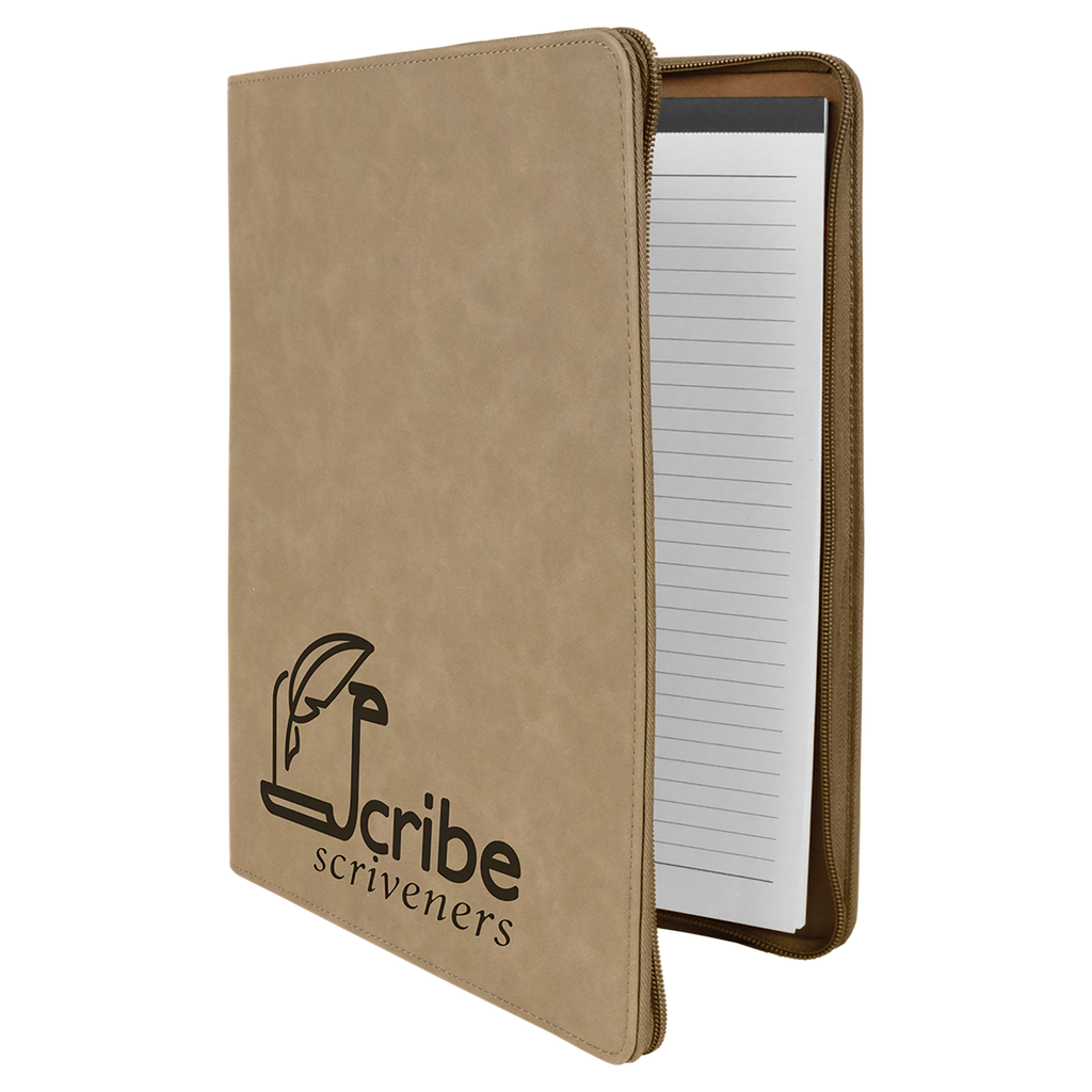 Light Brown Leatherette Portfolio with Zipper and Notepad