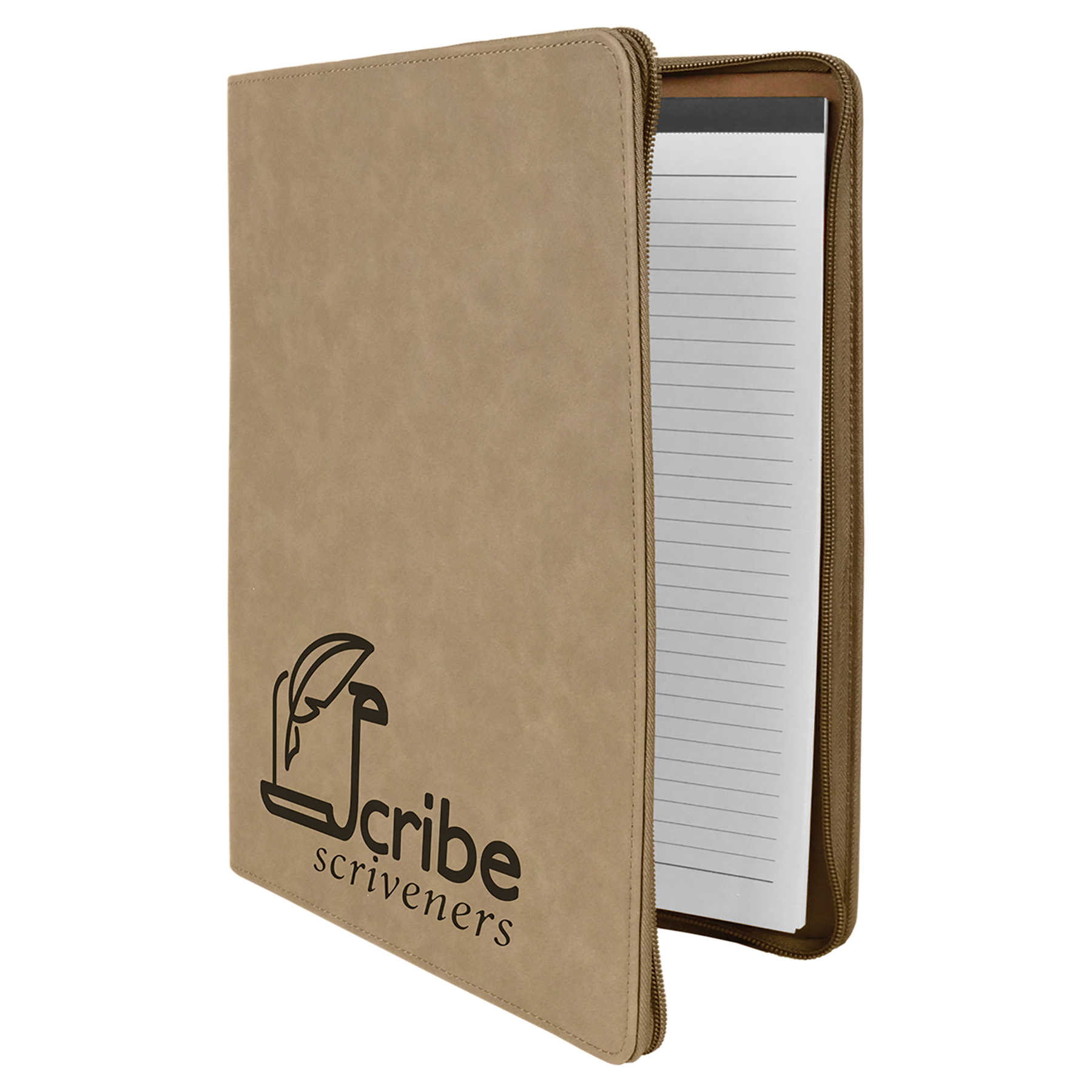 Light Brown Leatherette Portfolio with Zipper and Notepad