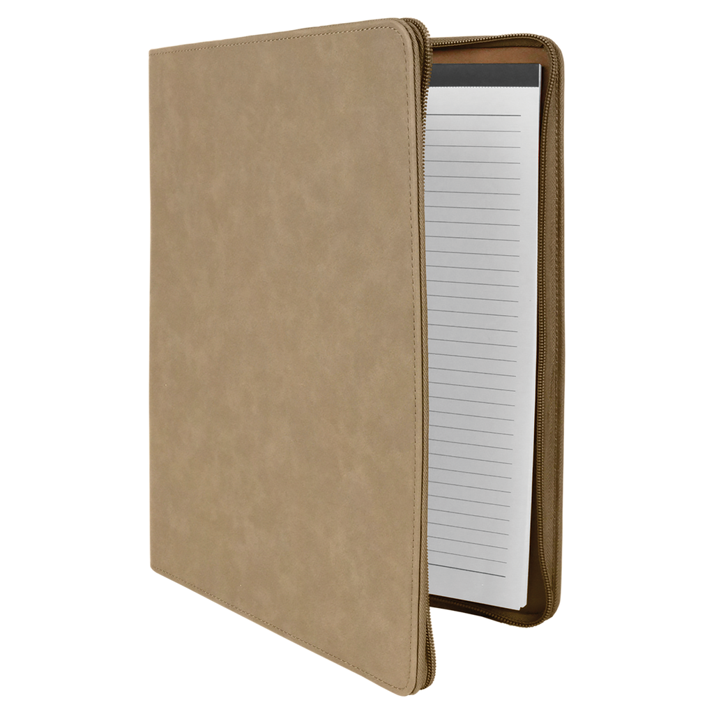 Light Brown Leatherette Portfolio with Zipper and Notepad