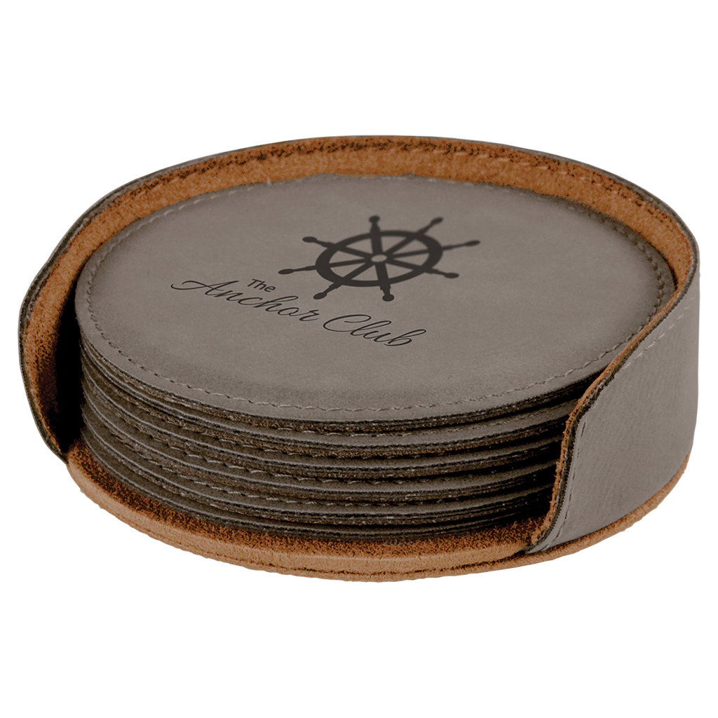 Gray Round Leatherette 6-Coaster Set