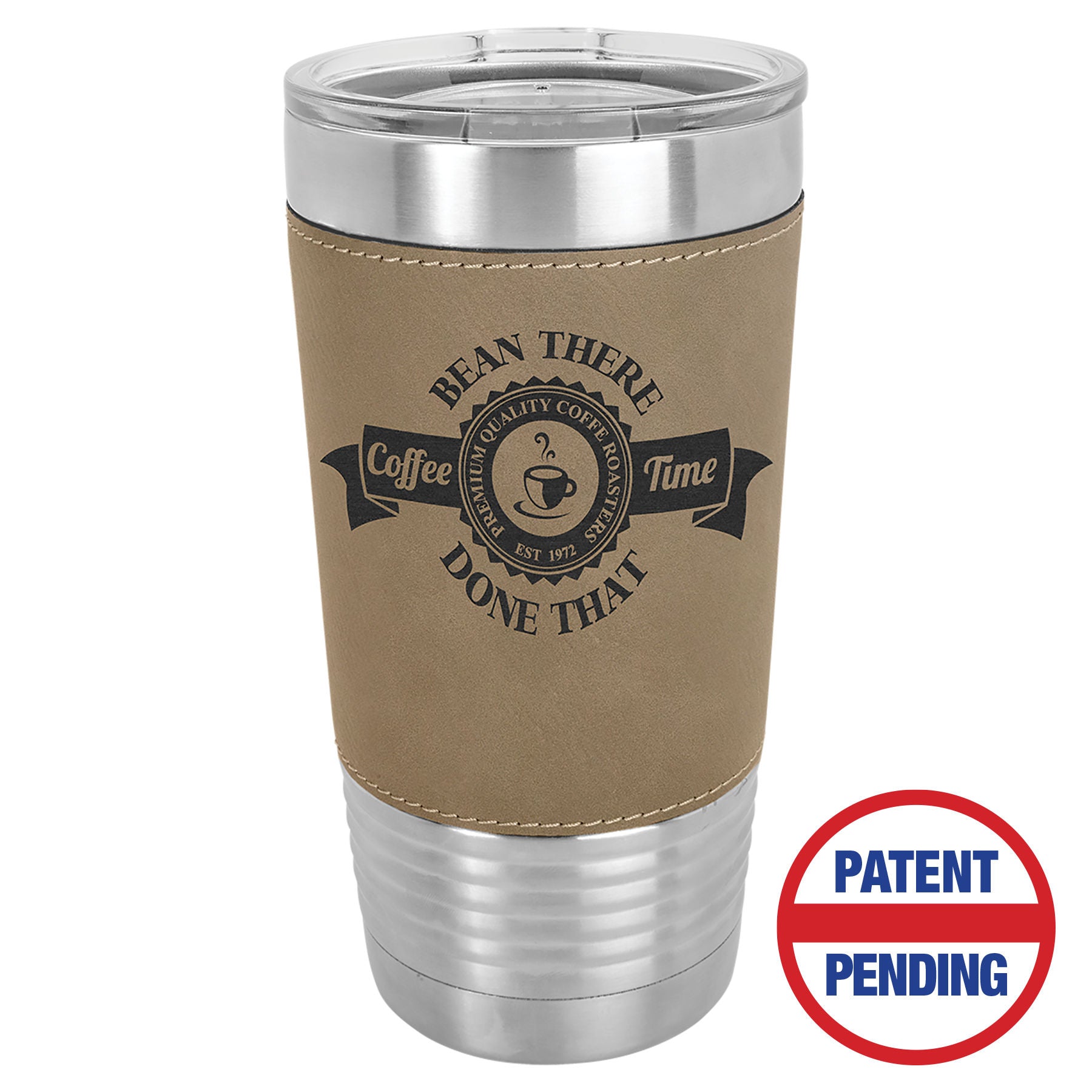 Light Brown Leatherette Wrapped Tumbler with Clear Lid