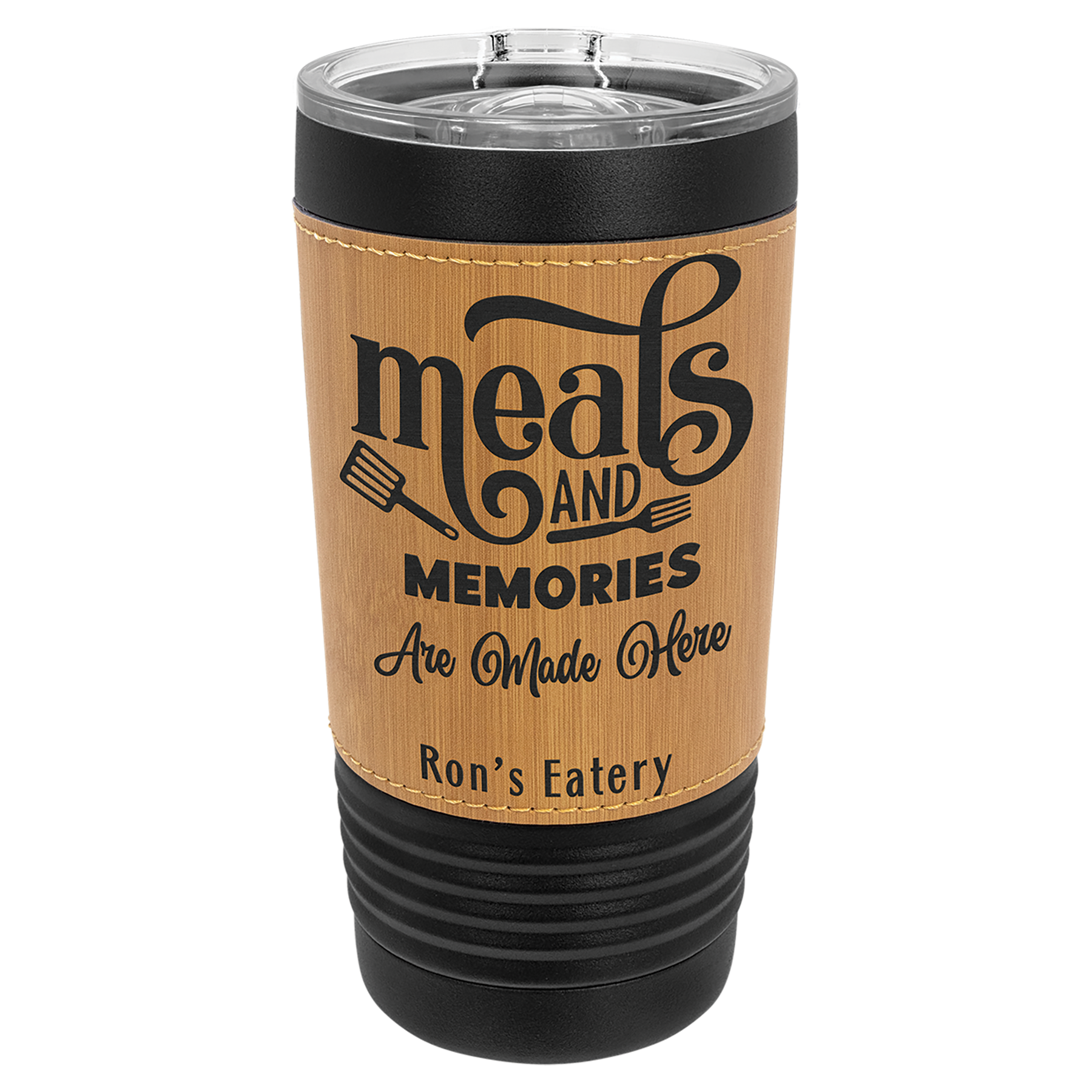 Black with Bamboo Leatherette Wrapped 20 oz. with Slider Lid