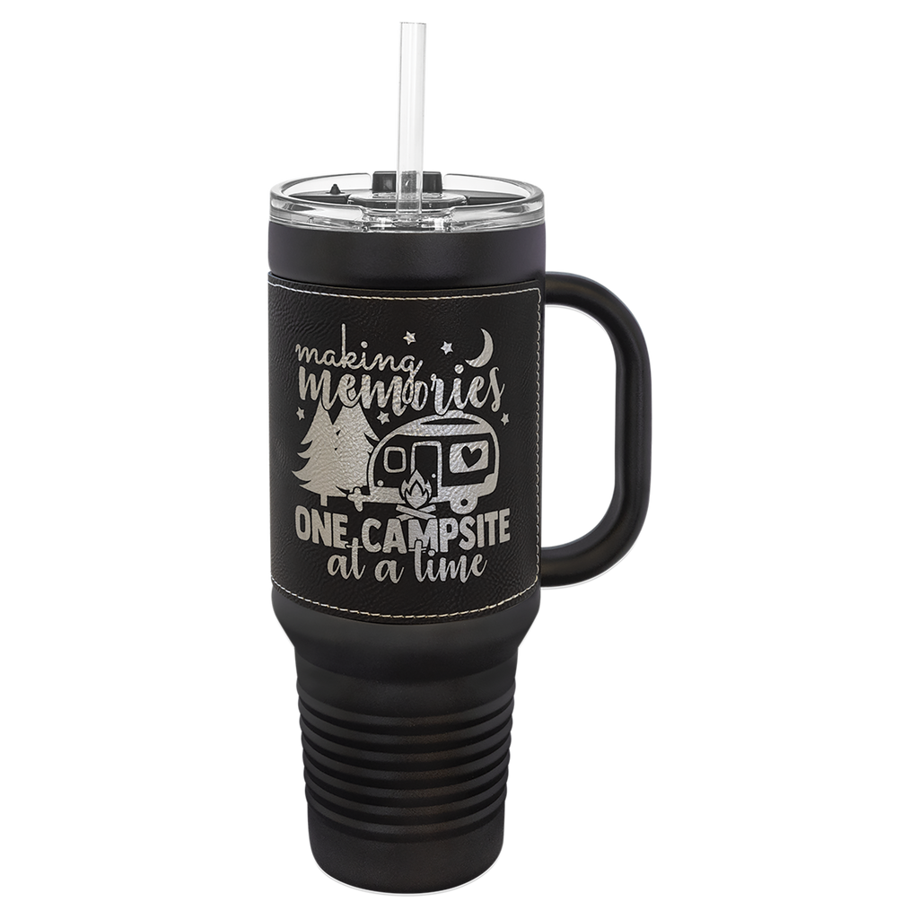 Black with Black/Silver Leatherette 40 oz. Travel Mug with Straw