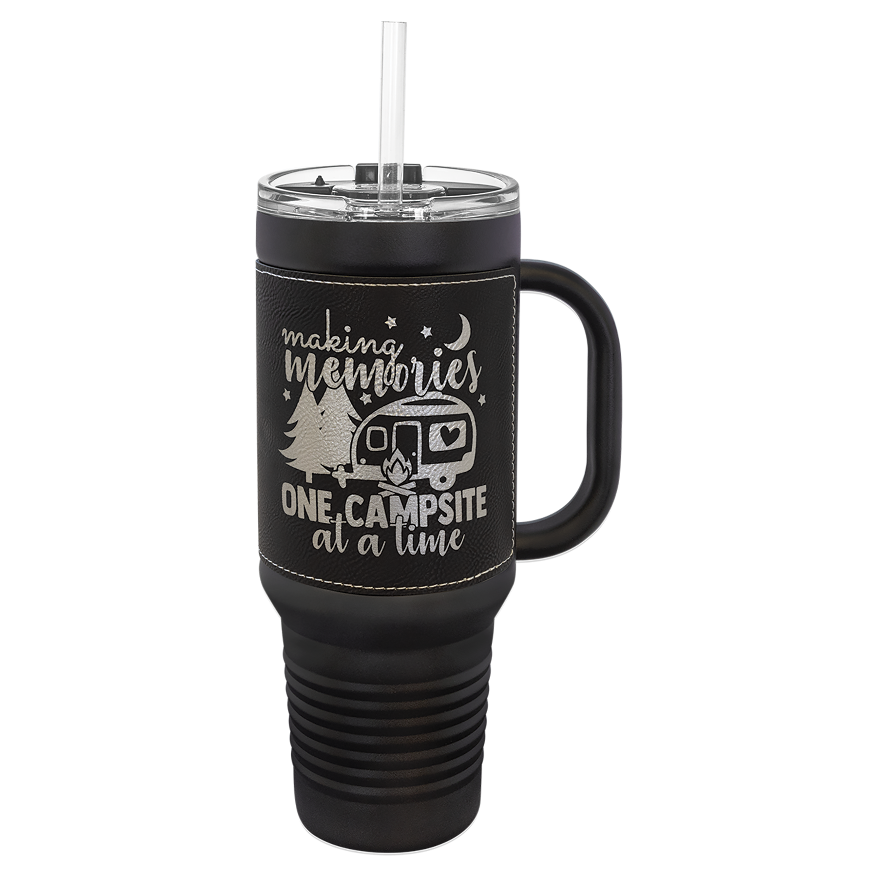Black with Black/Silver Leatherette 40 oz. Travel Mug with Straw