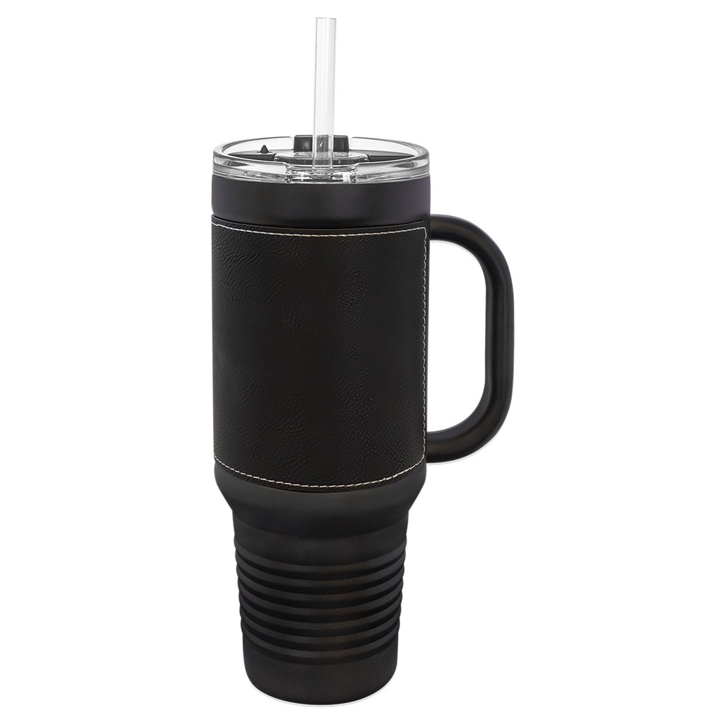 Black with Black/Silver Leatherette 40 oz. Travel Mug with Straw