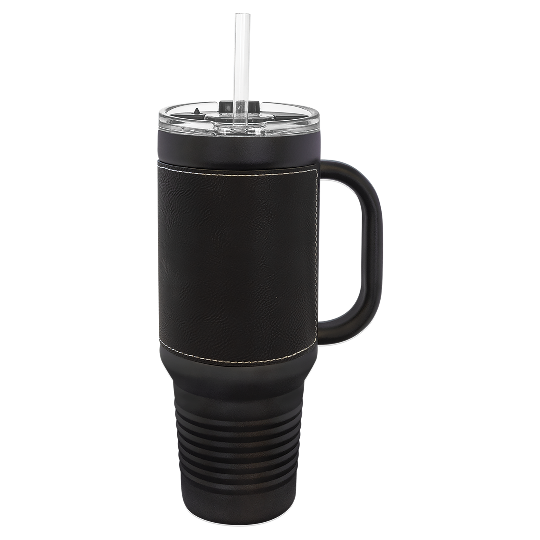 Black with Black/Silver Leatherette 40 oz. Travel Mug with Straw