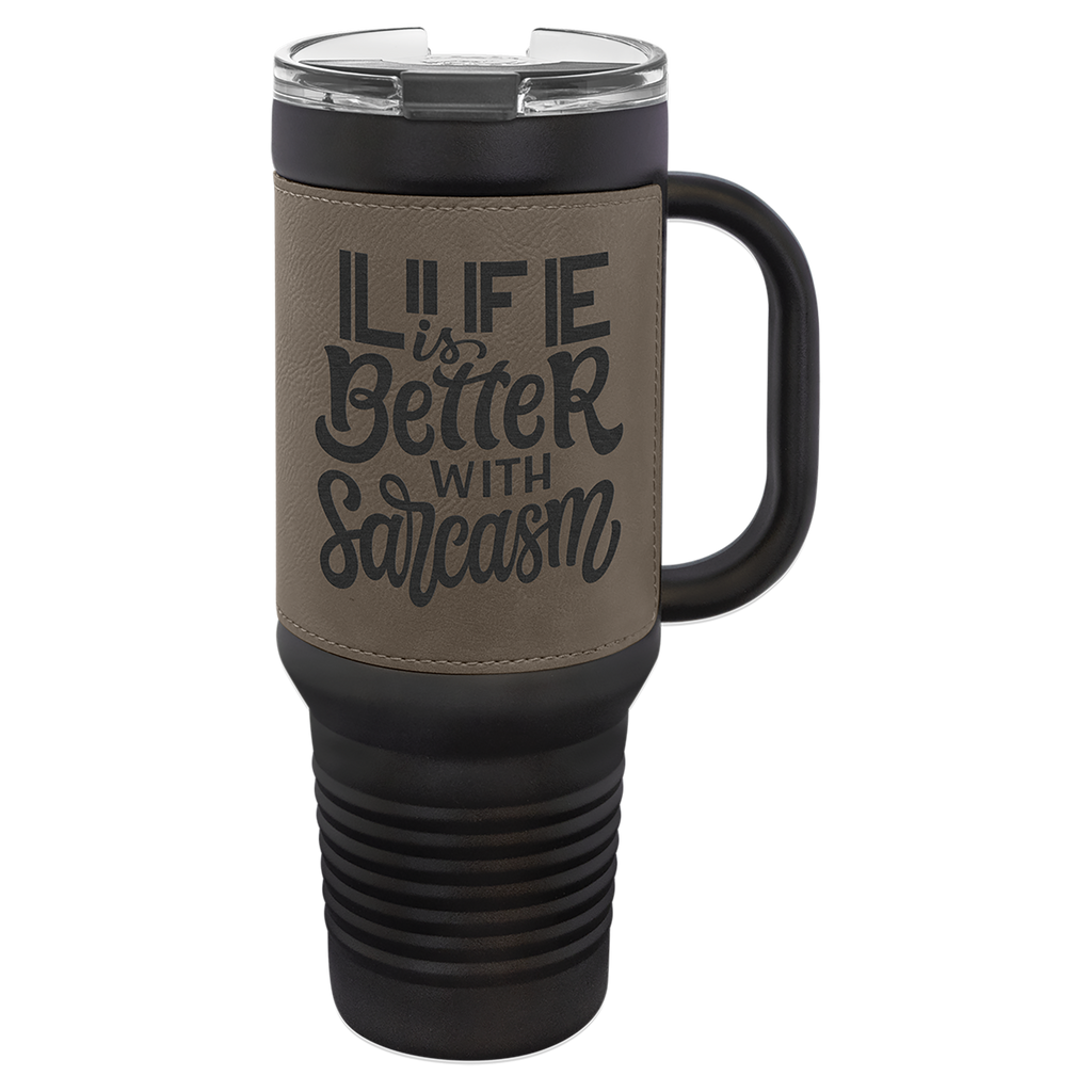 Black with Gray Leatherette 40 oz. Travel Mug with Straw