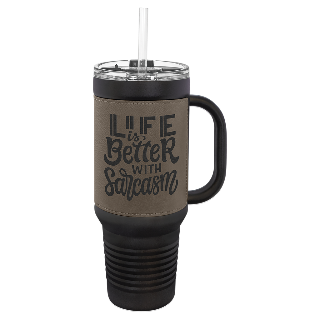 Black with Gray Leatherette 40 oz. Travel Mug with Straw