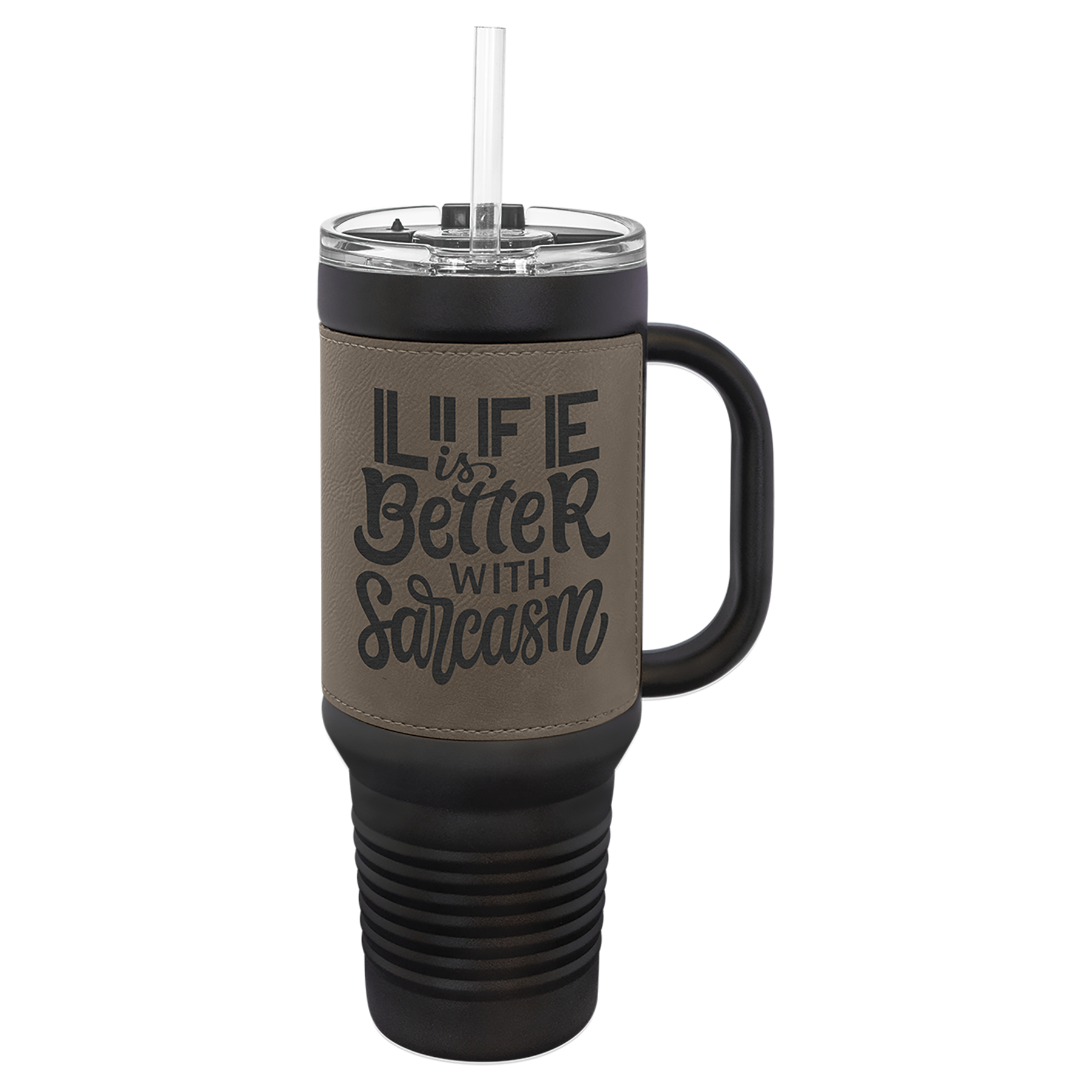 Black with Gray Leatherette 40 oz. Travel Mug with Straw