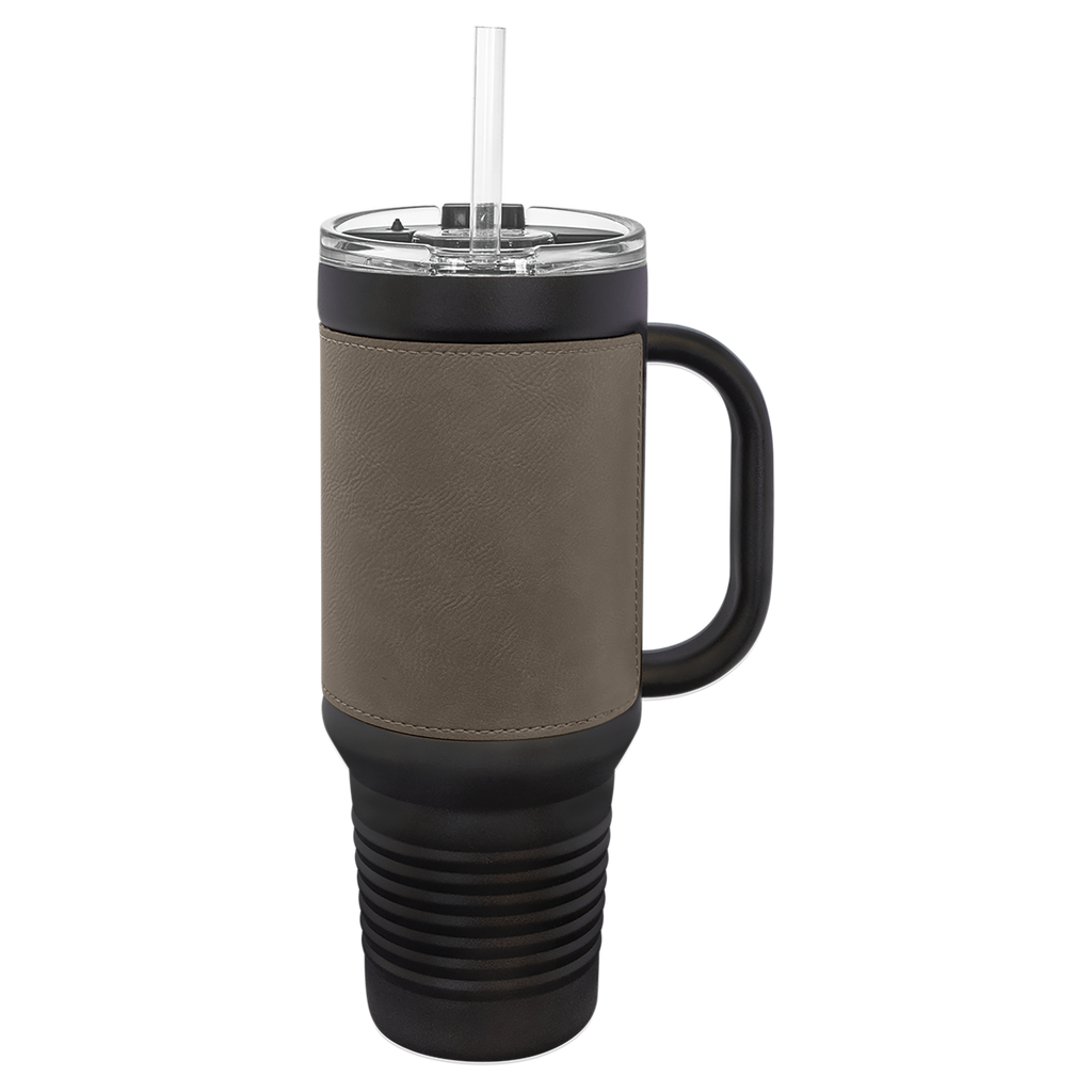 Black with Gray Leatherette 40 oz. Travel Mug with Straw