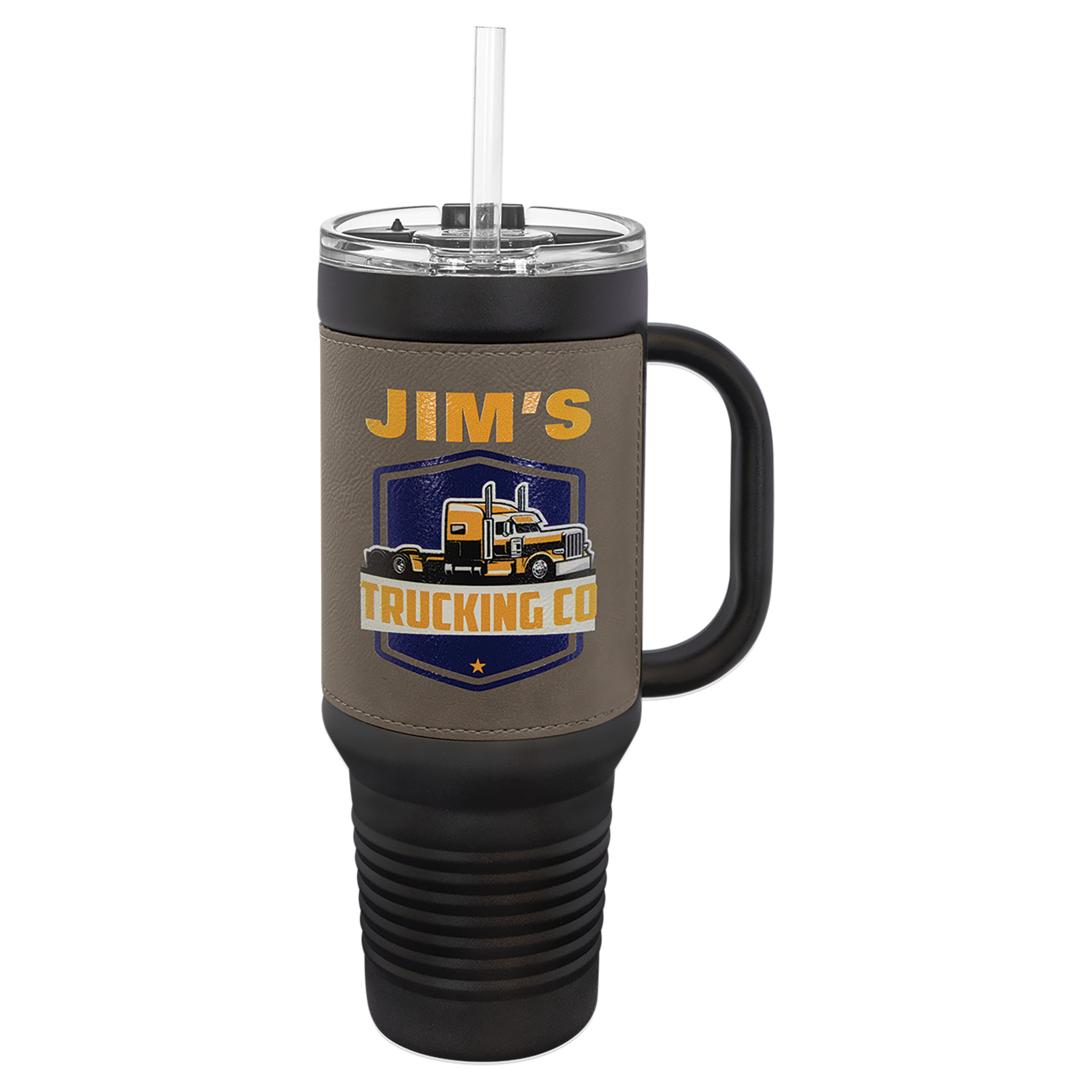 Black with Gray Leatherette 40 oz. Travel Mug with Straw