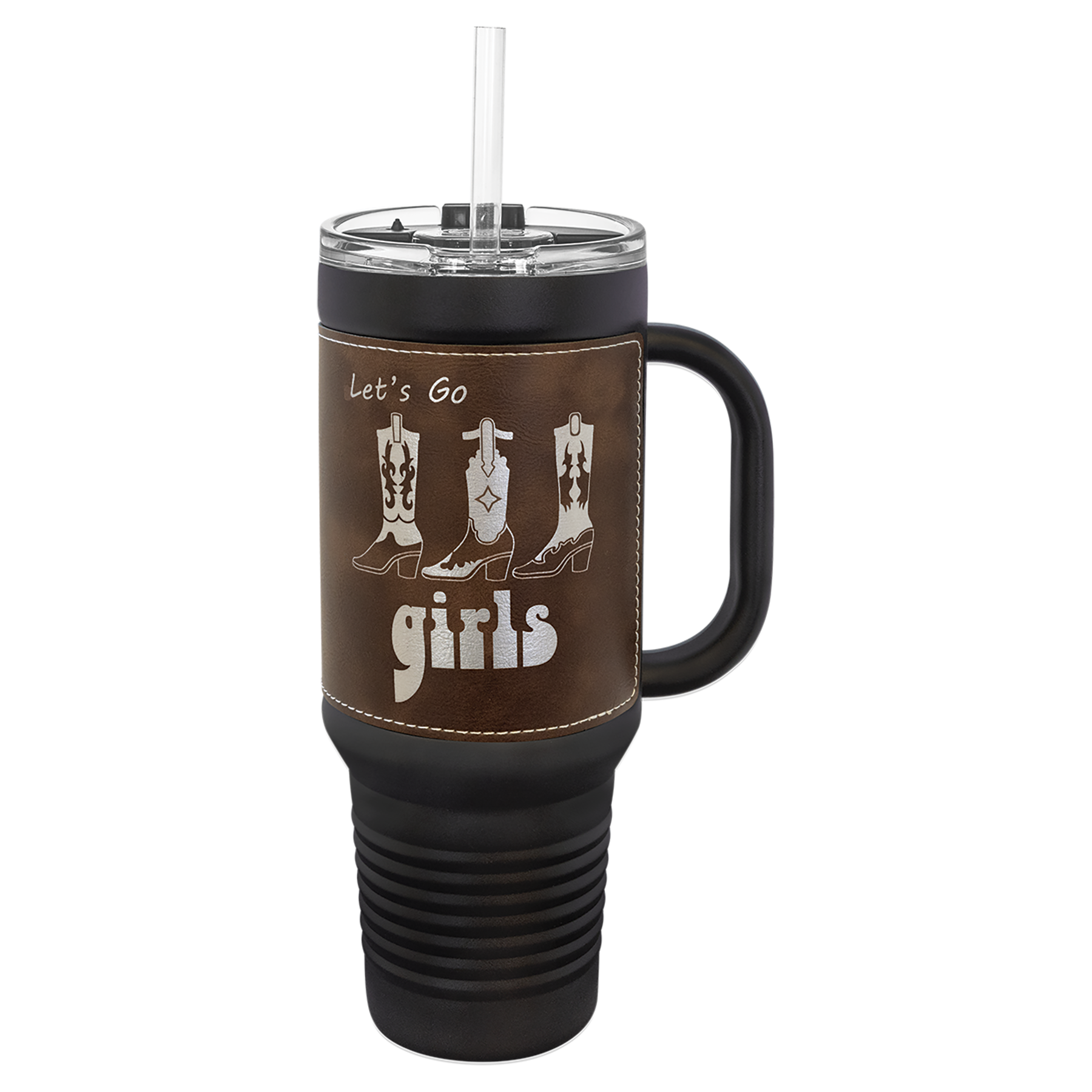 Black with Rustic/Silver Leatherette 40 oz. Travel Mug with Straw